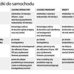 Porównanie rodzajów leasingu: operacyjnego, finansowego i kredytu, z uwzględnieniem okresu umowy, kosztów, amortyzacji, VAT i wykupu.