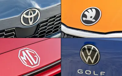 Logo Toyota, Skoda, MG i Volkswagen Golf. Popularne marki samochodów w Polsce.