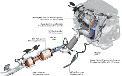 Układ wydechowy silnika 2.0 TDI SCR: filtr cząstek stałych, katalizator SCR, dozownik AdBlue i inne elementy.