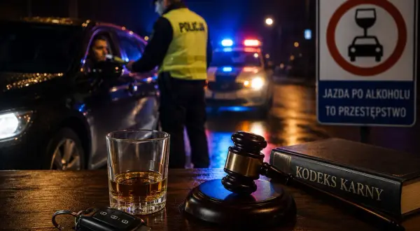 Policjant zatrzymuje kierowcę, obok szklanka z alkoholem, kluczyki i Kodeks Karny. Jazda po alkoholu to przestępstwo.