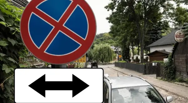 Znak zakazu zatrzymywania się z tabliczką wskazującą, że zakaz obowiązuje po obu stronach drogi.