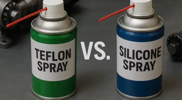 Smar PTFE do czego? Dwa spraye: zielony z napisem "Teflon Spray" i niebieski "Silicone Spray", porównanie zastosowań.