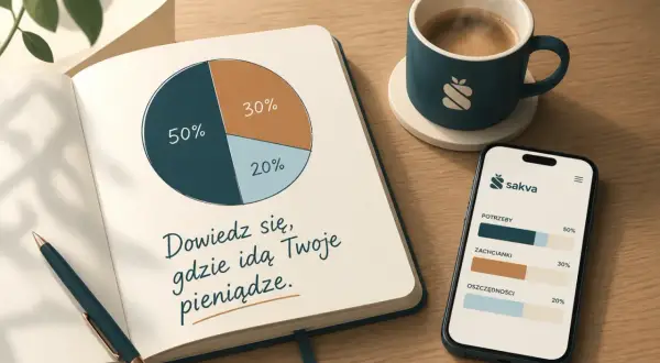 Notatnik z wykresem kołowym i tekstem "Dowiedz się, gdzie idą Twoje pieniądze". Obok telefon z aplikacją Sakva, pokazującą podział wydatków. To idealne narzędzie do planowania zakupów.