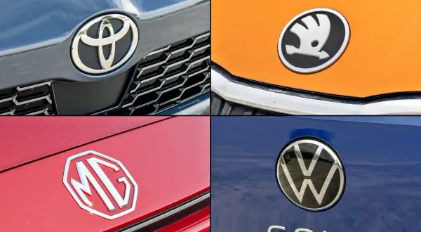 Logo Toyota, Skoda, MG i Volkswagen Golf. Popularne marki samochodów w Polsce.
