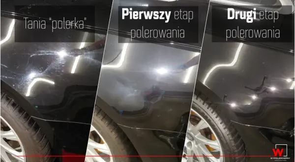 Porównanie korekty lakieru: przed polerowaniem (widoczne rysy), pierwszy etap polerowania (mniejsze rysy), drugi etap polerowania (lakier jak nowy).