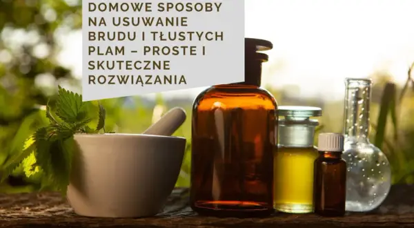 Domowe sposoby na usunięcie wrośniętego brudu i tłustych plam. Zioła i buteleczki z płynami sugerują naturalne metody.