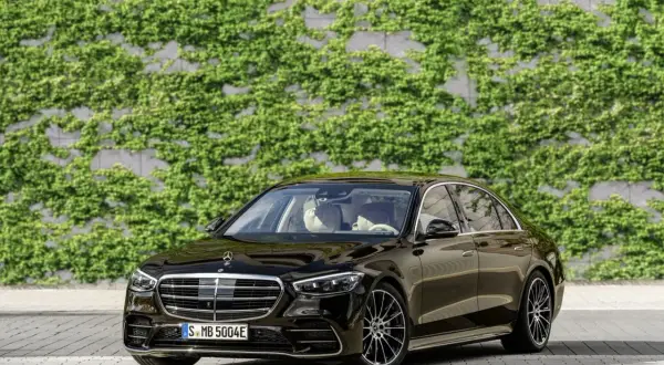 Elegancki, czarny Mercedes S Klasa lśni na tle zielonej ściany z bluszczu.