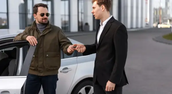 Mężczyzna w garniturze przekazuje kluczyki do samochodu wziętego w leasing.