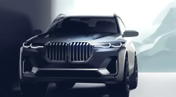 Stylizowany szkic BMW X8 z charakterystyczną atrapą chłodnicy i ostrymi światłami.