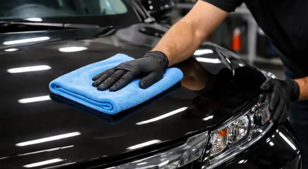 Ręka w czarnej rękawiczce poleruje czarny lakier auta niebieską mikrofibrą. Czy po woskowaniu auto trzeba płukać?