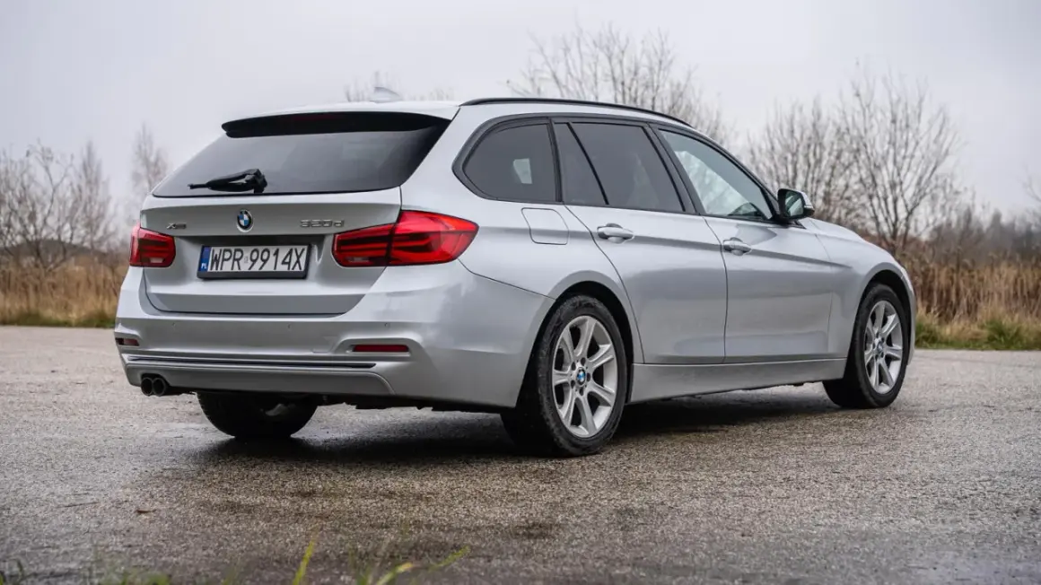 Srebrne BMW Seria 3 kombi z polskimi tablicami rejestracyjnymi stoi na mokrej nawierzchni, otoczone suchą trawą i nagimi drzewami.