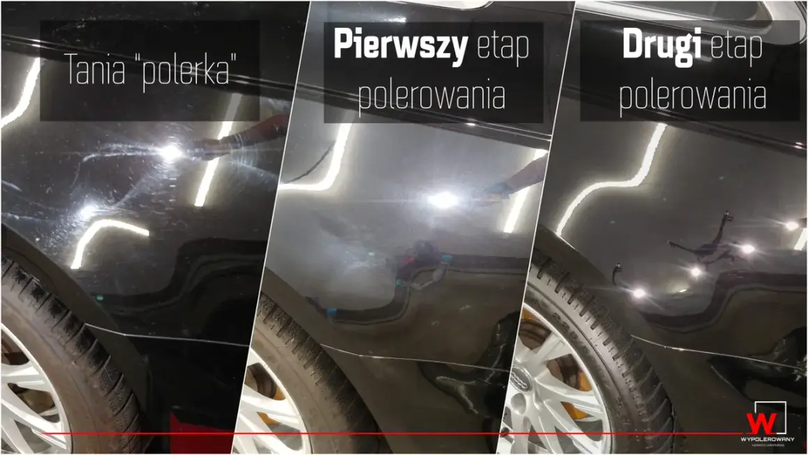 Porównanie korekty lakieru: przed polerowaniem (widoczne rysy), pierwszy etap polerowania (mniejsze rysy), drugi etap polerowania (lakier jak nowy).