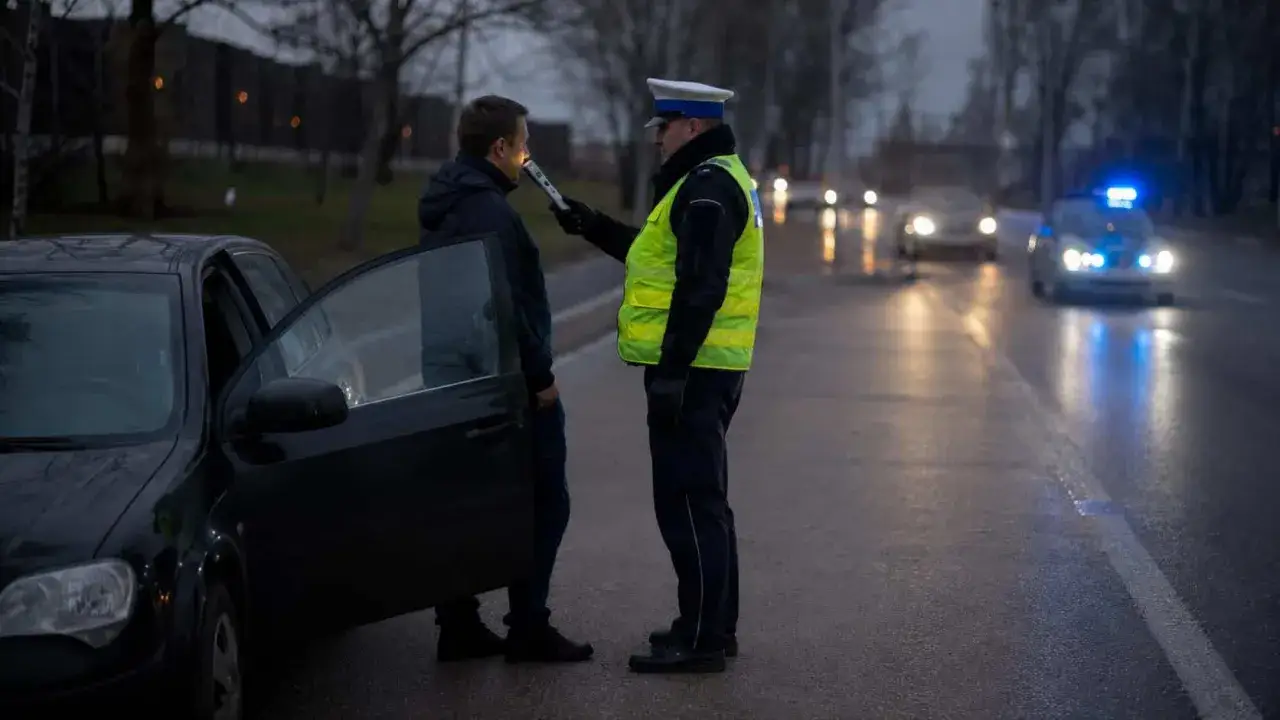 Policjant bada trzeźwość kierowcy. Powyżej 0,5 promila jaka kara? Na drodze policyjny radiowóz z włączonymi sygnałami świetlnymi.