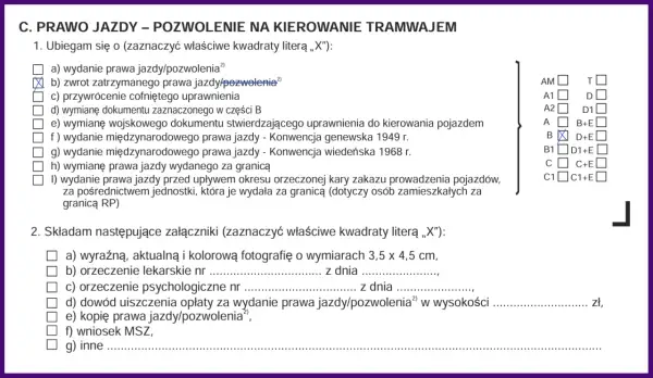 Formularz wniosku o wydanie prawa jazdy, zaznaczono opcję "zwrot zatrzymanego prawa jazdy", gdy zabierają prawo jazdy.